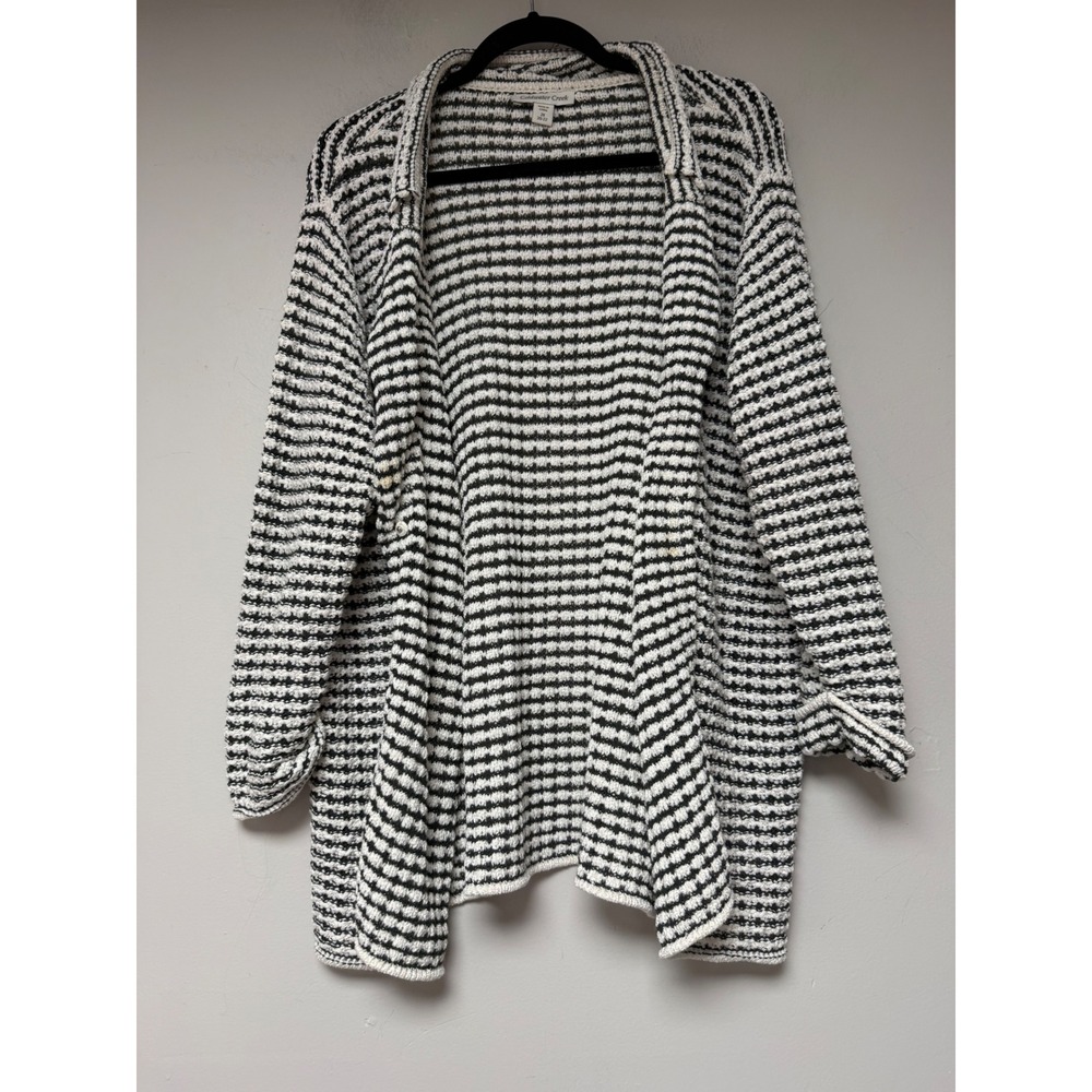 Cozy Open-Front Black & White Striped Cardigan Sweater
